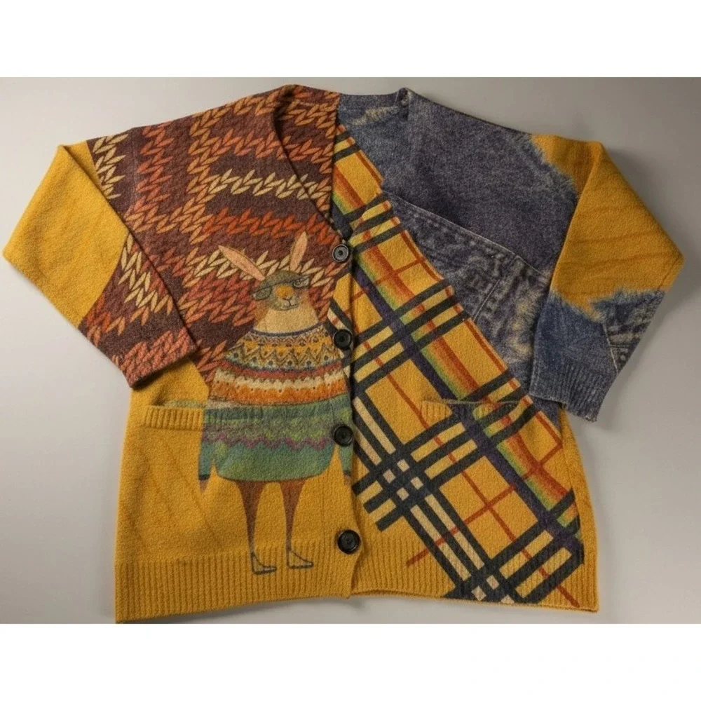 Womens Large Rabbit Cardigan Sweater Wool Blend Mustard Patchwork Button Front
